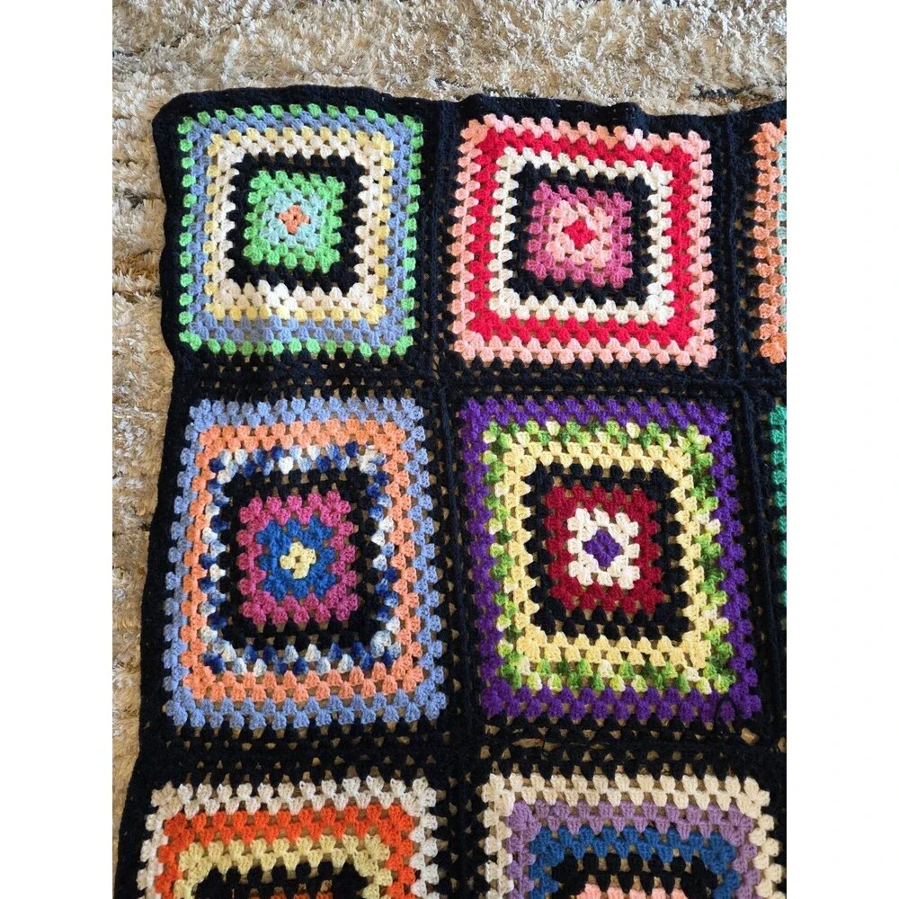 Vtg Crocheted Granny Square Afghan Lap Blanket Throw Multicolored 55x77
